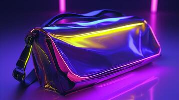 AI generated A futuristic woman's bag design, sleek and innovative shape, primary colors purple and yellow. Metallic accents, holographic textures, neon lighting effects. photo