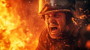 AI generated A close-up photograph of a fireman yelling, face contorted in fury and sorrow, against a backdrop of fierce flames consuming a structure. photo