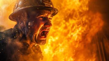 AI generated A close-up photograph of a fireman yelling, face contorted in fury and sorrow, against a backdrop of fierce flames consuming a structure. photo