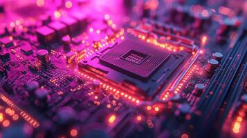 ai generado alta resolución, macro Disparo de un computadora chip, enfatizando intrincado circuito detalles foto