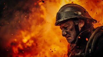 AI generated A close-up photograph of a fireman yelling, face contorted in fury and sorrow, against a backdrop of fierce flames consuming a structure. photo