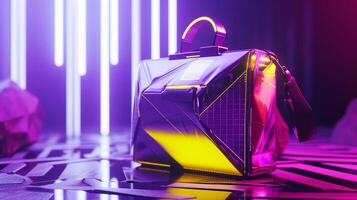 ai generado un futurista mujer bolso diseño, pulcro y innovador forma, primario colores púrpura y amarillo. metálico acentos, holográfico texturas, neón Encendiendo efectos foto