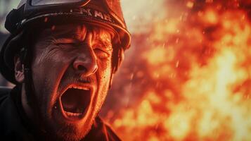 AI generated A close-up photograph of a fireman yelling, face contorted in fury and sorrow, against a backdrop of fierce flames consuming a structure. photo