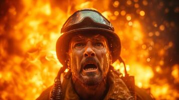 AI generated A close-up photograph of a fireman yelling, face contorted in fury and sorrow, against a backdrop of fierce flames consuming a structure. photo