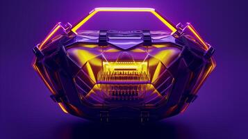 AI generated A futuristic woman's bag design, sleek and innovative shape, primary colors purple and yellow. Metallic accents, holographic textures, neon lighting effects. photo