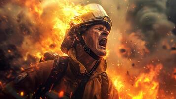 AI generated A close-up photograph of a fireman yelling, face contorted in fury and sorrow, against a backdrop of fierce flames consuming a structure. photo