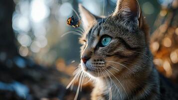 AI generated A portrait of an adorable fluffy kitten, butterfly resting on its nose, emerald eyes focused photo