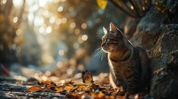 AI generated A portrait of an adorable fluffy kitten, butterfly resting on its nose, emerald eyes focused photo