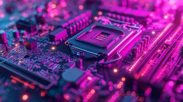 ai generado alta resolución, macro Disparo de un computadora chip, enfatizando intrincado circuito detalles foto