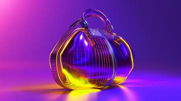 AI generated A futuristic woman's bag design, sleek and innovative shape, primary colors purple and yellow. Metallic accents, holographic textures, neon lighting effects. photo