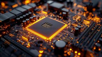 ai generado alta resolución, macro Disparo de un computadora chip, enfatizando intrincado circuito detalles foto