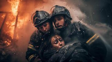 AI generated A close-up photograph of a fireman yelling, face contorted in fury and sorrow, against a backdrop of fierce flames consuming a structure. photo