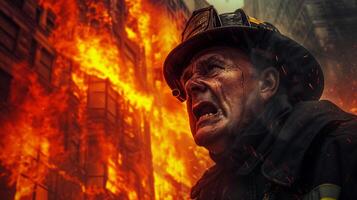 AI generated A close-up photograph of a fireman yelling, face contorted in fury and sorrow, against a backdrop of fierce flames consuming a structure. photo