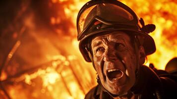 AI generated A close-up photograph of a fireman yelling, face contorted in fury and sorrow, against a backdrop of fierce flames consuming a structure. photo