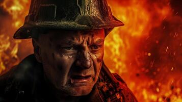 AI generated A close-up photograph of a fireman yelling, face contorted in fury and sorrow, against a backdrop of fierce flames consuming a structure. photo