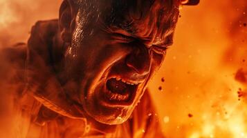 AI generated A close-up photograph of a fireman yelling, face contorted in fury and sorrow, against a backdrop of fierce flames consuming a structure. photo