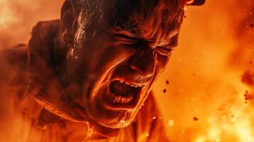 AI generated A close-up photograph of a fireman yelling, face contorted in fury and sorrow, against a backdrop of fierce flames consuming a structure. photo