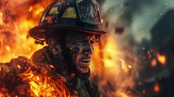 AI generated A close-up photograph of a fireman yelling, face contorted in fury and sorrow, against a backdrop of fierce flames consuming a structure. photo