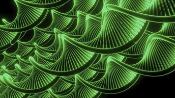 Close up of abstract plastic green springs stretching isolated on a black background. Design. Spiral shaped long wavy figures moving all together. photo