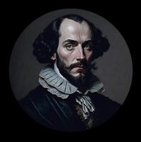 Portrait of a middle-aged man who looks like the English poet and playwright William Shakespeare. The illustration was created using artificial intelligence, a neural network. . photo