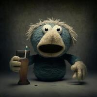 arafly dressed blue stuffed animal holding a glass of beer. generative ai. photo
