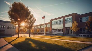 exterior ver de un típico americano escuela. generativo ai foto