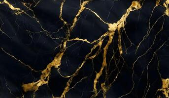 Abstract black marble background with golden veins, japanese kintsugi technique, painted artificial marbled stone texture. AI Generative photo