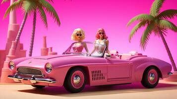 barbies in a pink convertible car with palm trees in the background. generative ai. photo