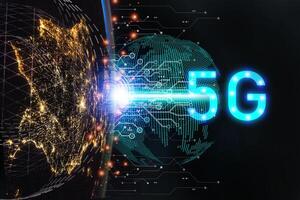 The concept 5G Data in the global network.social,telecommunication,earth.photo modern technology and communication concept.Elements of this image furnished by NASA. photo