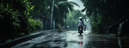 Human Daily Life on Rainy Day. Enjoying Rainfall and Happy Life, Lively Rainy Season Concept. Generative Ai photo