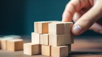 Businessman hand arranging wood block stacking step by step,Business concept growth success process.Generative Ai. photo