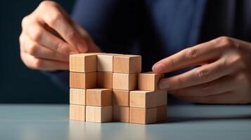 Businessman hand arranging wood block stacking step by step,Business concept growth success process.Generative Ai. photo