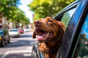 Happy dog with head out of the car window.Generative Ai. photo