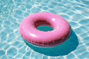 Rubber ring pink donut shaped float in a pool.Generative Ai. photo