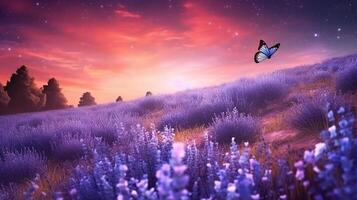 Fantasy landscape of blooming lavender flowers,butterfly glow photo