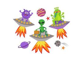 Vector set of space elements. UFO, alien, spaceship, comet, planets, stars, space, asteroid, bolide. Comic cartoon illustrations isolated on white. Concepts for children print.