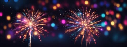 Colorful firework with bokeh background. New Year celebration, Abstract holiday background. AI generated photo