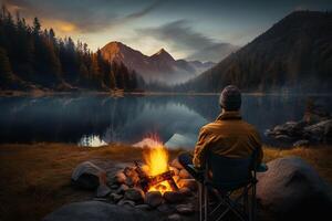 Man sitting by the campfire in front of a mountain lake. ai generated pro photo