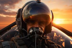 Portrait of a pilot with a gas mask on the background of a sunset. ai generate  pro photod photo