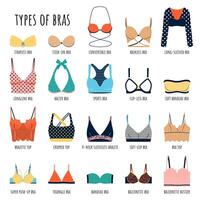 Types of bras. Big vector bundle of lingerie. Set of underwear, balconette, strapless, unlined, super push-up, soft-cup, longline, sports and triangle bra. Set of isolated colorful icons with bras.