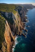 AI Generative Steep cliff with windowlike hollow carved by erosion Beutiful coastal ladscape at sunset in the Broken Coast of Liencres Cantabria Spain photo