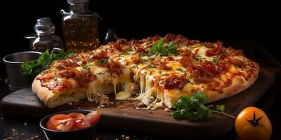 Pizza with stretching cheese on a wooden table on a black background photo