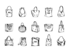 A hand-drawn set of sketches of eco-bags.  Ecological concept, nature protection, textile linen bag. Doodle drawing. Vintage illustration. vector