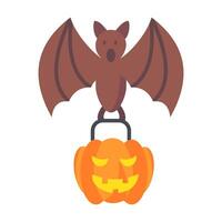 murciélago icono que lleva un calabaza bolso lleno con Víspera de Todos los Santos dulces, vector halloween,aislar en blanco antecedentes.