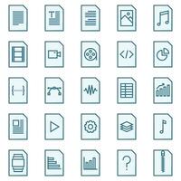 File type icons, in colored outline style, for a variety of office uses and user interfaces including doc, pdf, video files, audio files, music, text, txt, jpg, and spreadsheet. vector