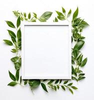 Natural empty frame with green leaves photo