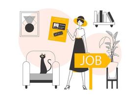 The woman passed the job test. Linear trendy style. Vector illustration.