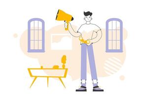 The guy holds a mouthpiece and binoculars in his hands. Job Search Theme. H.R. Linear modern style. vector