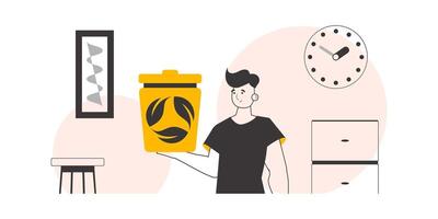 The guy is holding a trash can. Waste recycling concept. Linear modern style. vector