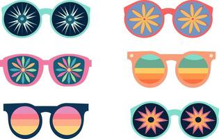 Set of geometric abstract sunglasses.70s retro hippie style.Vibes funky eyeglasses with deco elements.Vintage nostalgia psychedelic elements. vector